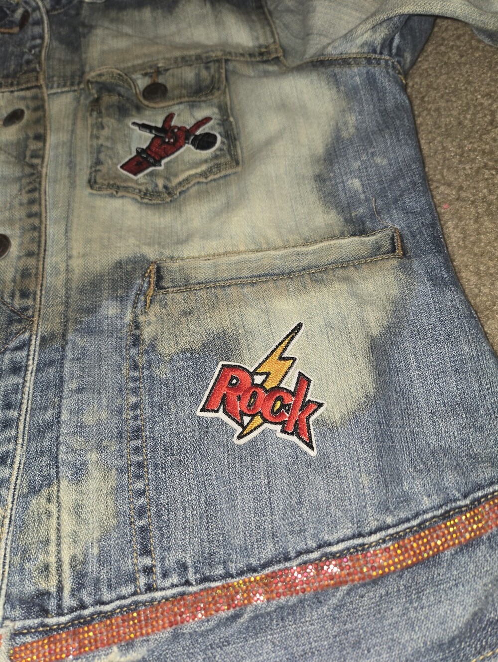 Upcycled Bleached Distressed Jean Jacket | Rock Graphic Patches | Custom Denim - Picture 10 of 16